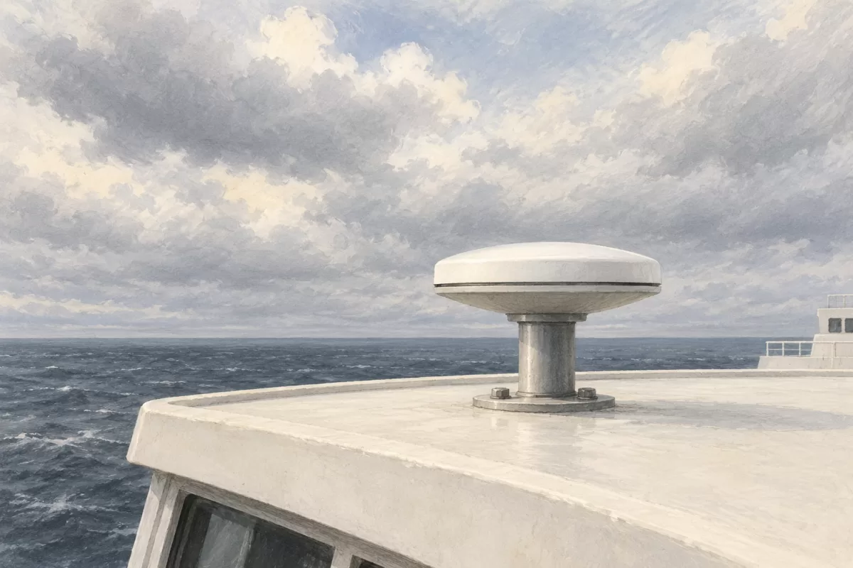 Условная антенна ГНСС с открытым обзором неба. Не фотография антенны NGR-3000, не масштабная схема и не подтверждение расстояний, вибрации или безопасности относительно РЛС.